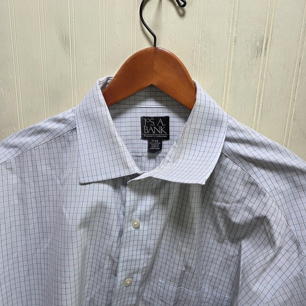 Jos. A. Bank Dress Shirt Mens 17 34/35 White Check Wrinkle Resistant Long Sleeve - Picture 1 of 8